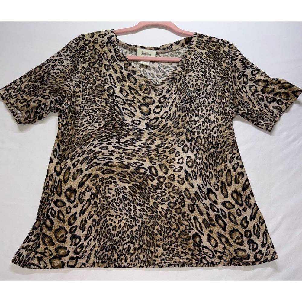 Neiman Marcus‎ Leopard Print V-Neck Womens Large Brown Animal Print Short Sleeve